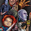 A dark, dramatic illustration featuring various horror figures and a Chucky portrait for a diamond painting kit.