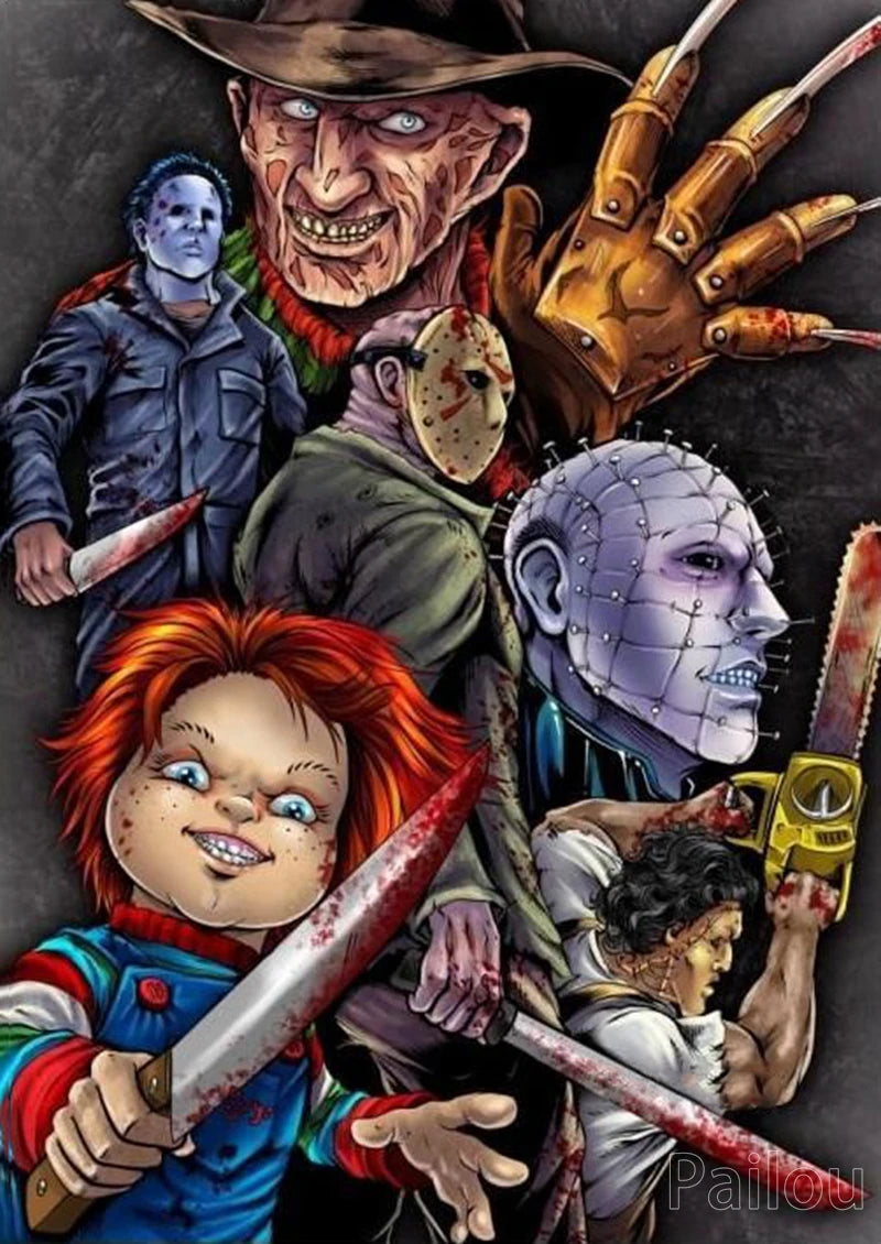 A dark, dramatic illustration featuring various horror figures and a Chucky portrait for a diamond painting kit.