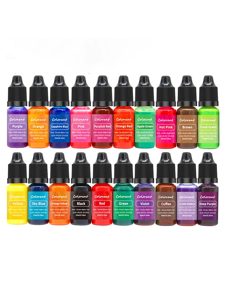 A set of 20 liquid candle dye pigments in various colors including purple, orange, pink, green, and brown, packaged in droppe