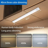 A 40cm three color dimming LED light bar installed under a cabinet, showing different brightness levels.