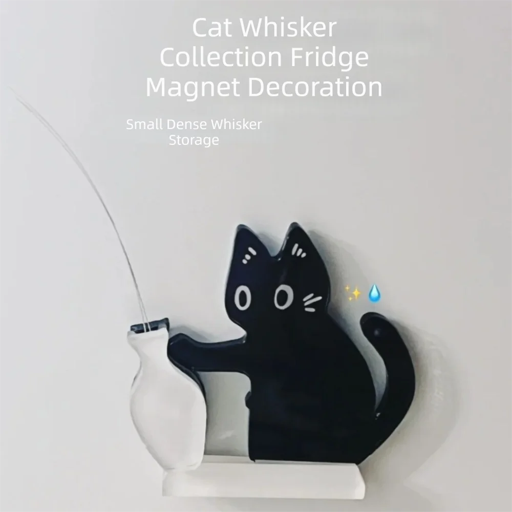 Black magnetic acrylic cat whiskered decoration mounted on a white base for fridge decor