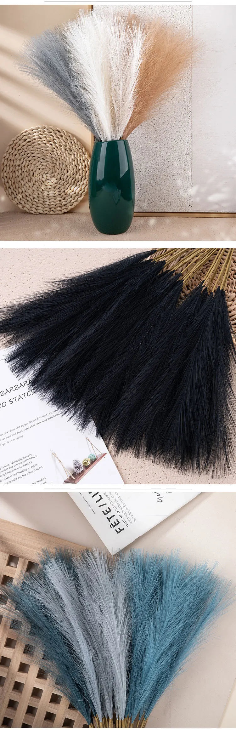 Three artificial pampas grass stems in gray, cream, and bronze displayed in a green vase.