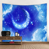 A tapestry depicting a bright blue night sky with a crescent moon and stars against white clouds.