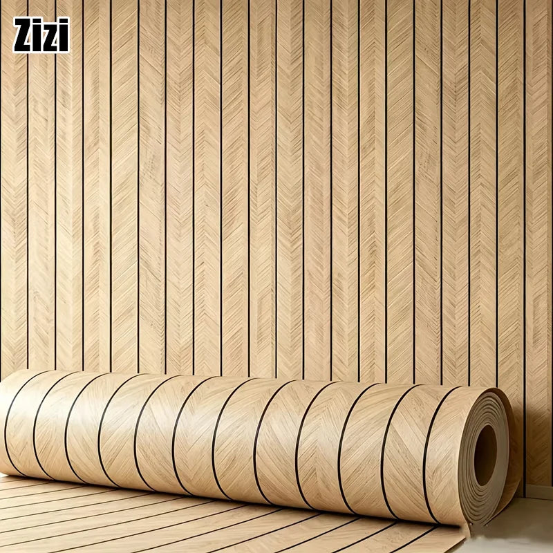 Roll of 3D wood grain self-adhesive wallpaper mounted on a vertical wooden panel.