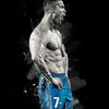 A black and white artistic portrait of Cristiano Ronaldo in a blue football uniform.