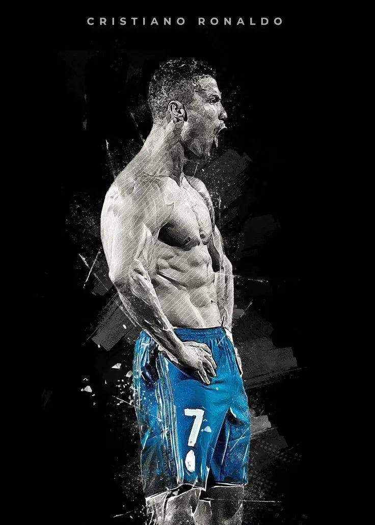 A black and white artistic portrait of Cristiano Ronaldo in a blue football uniform.