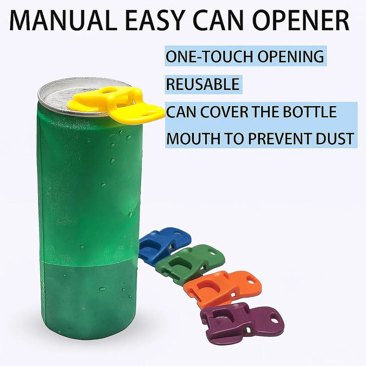 A manual easy can opener with multiple yellow and colored plastic tools shown next to a green can.