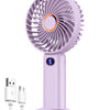 A purple portable rechargeable handheld fan with a circular grille and a digital display, shown next to its charging cable.