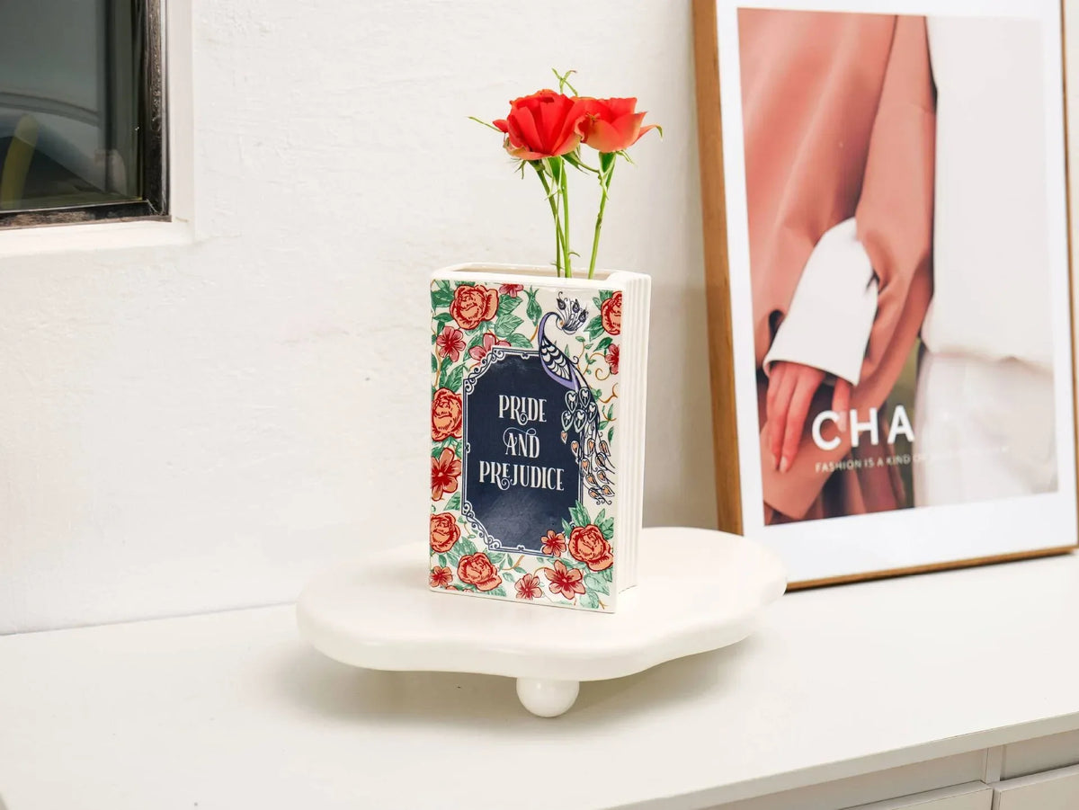 Hand-Painted Ceramic Book Vase with Blooming Flowers