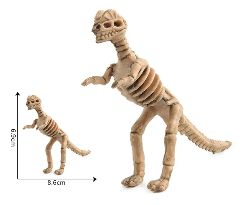 A light brown dinosaur skeleton model with a scale indicating its length of 8.6 cm.