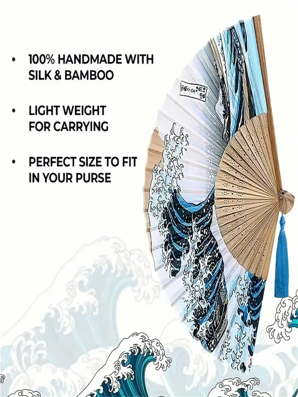 A foldable Japanese hand fan featuring a Kanagawa wave design made from silk and bamboo.