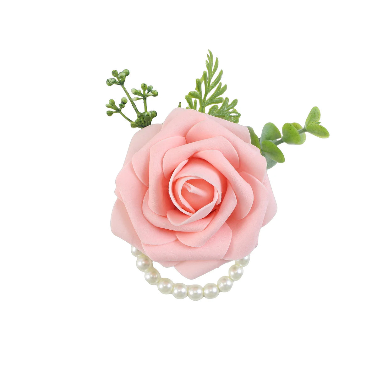 A pink silk rose corsage bracelet with green foliage and a pearl string.