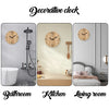 Decorative wood grain wall clock shown in bathroom, kitchen, and living room settings.