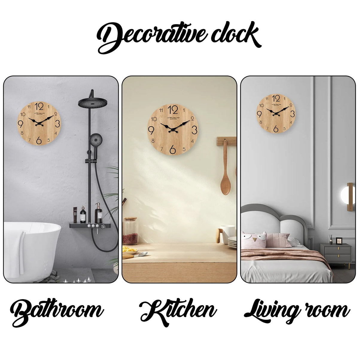 Decorative wood grain wall clock shown in bathroom, kitchen, and living room settings.