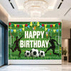 A vibrant green football themed birthday backdrop banner featuring soccer players, trophies, and crowns.