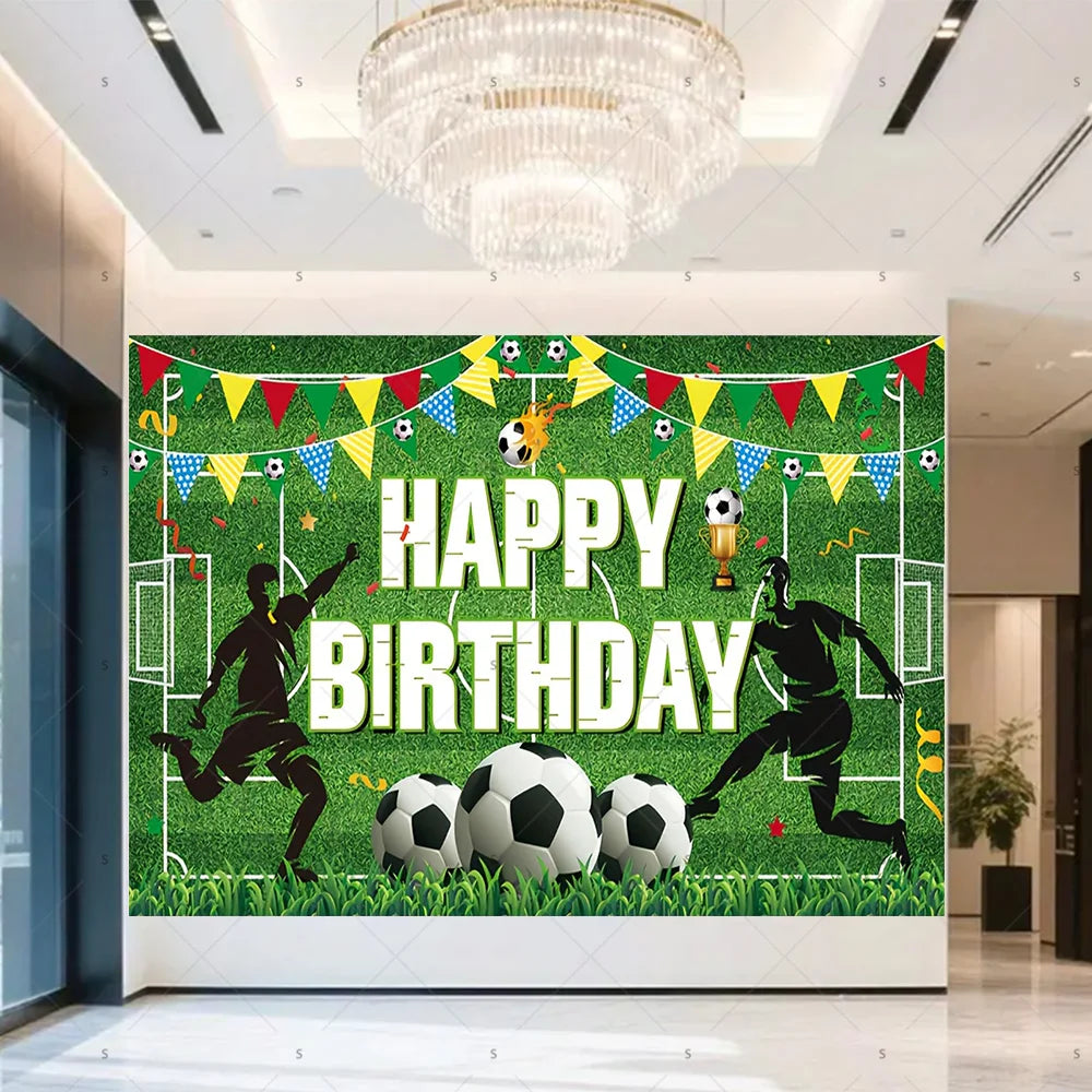A vibrant green football themed birthday backdrop banner featuring soccer players, trophies, and crowns.