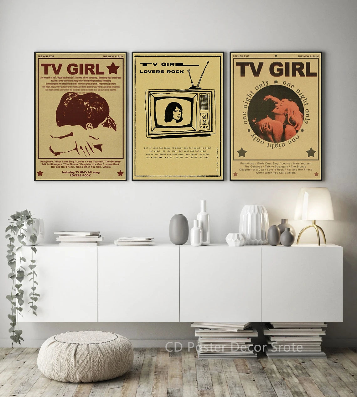 A set of three vintage TV Girl music posters featuring retro album art prints for home decor