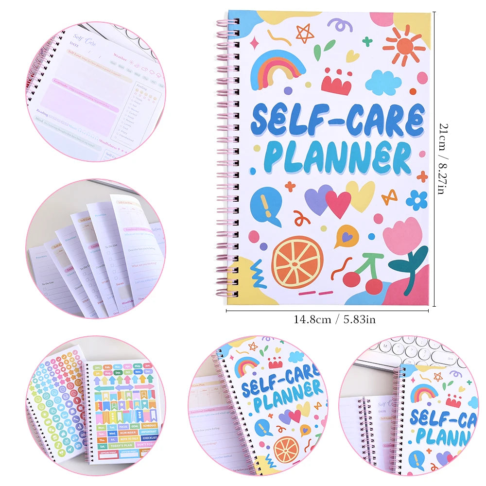 A colorful self-care planner notebook with stickers and illustrations for daily happiness tracking.