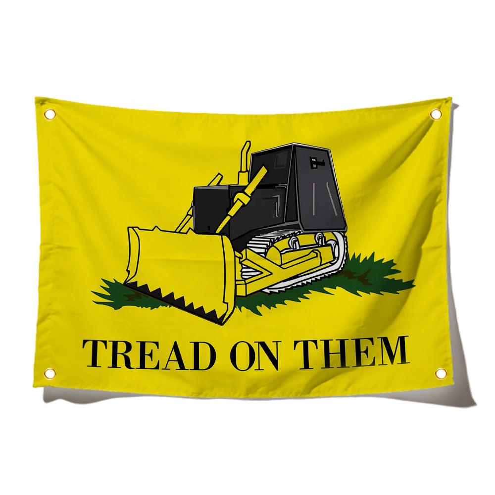 A yellow flag banner featuring a black shovel and a green blade with the text Tread on them.