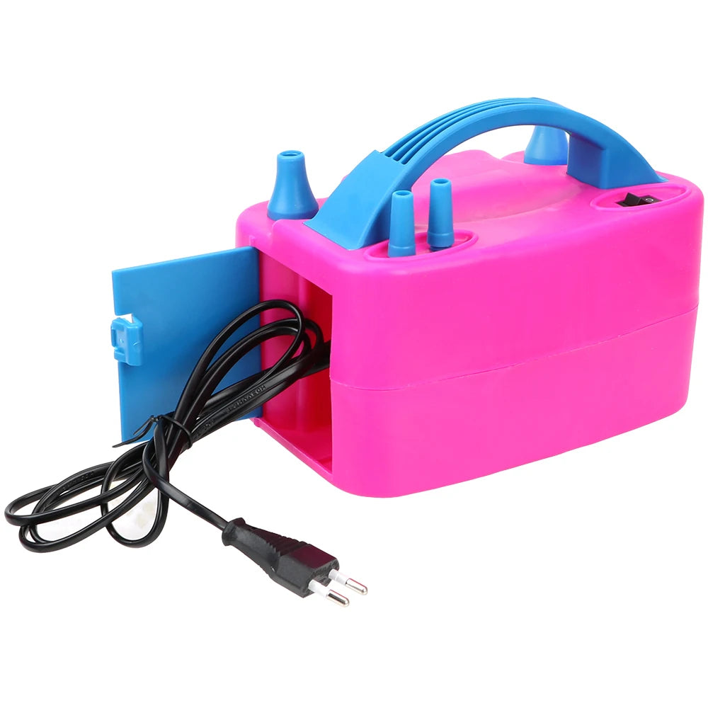 A pink and blue electric balloon inflator pump with a handle and power cord.