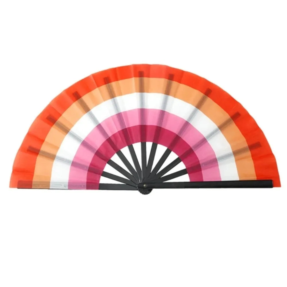 A colorful folding hand fan with a rainbow gradient design.