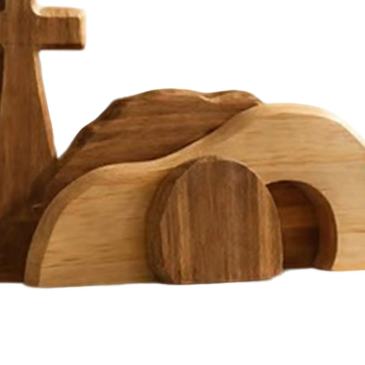 Wooden Easter empty tomb scene decoration carved from light brown wood