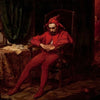 A portrait of a man in a red costume and hat sitting in a dark room.