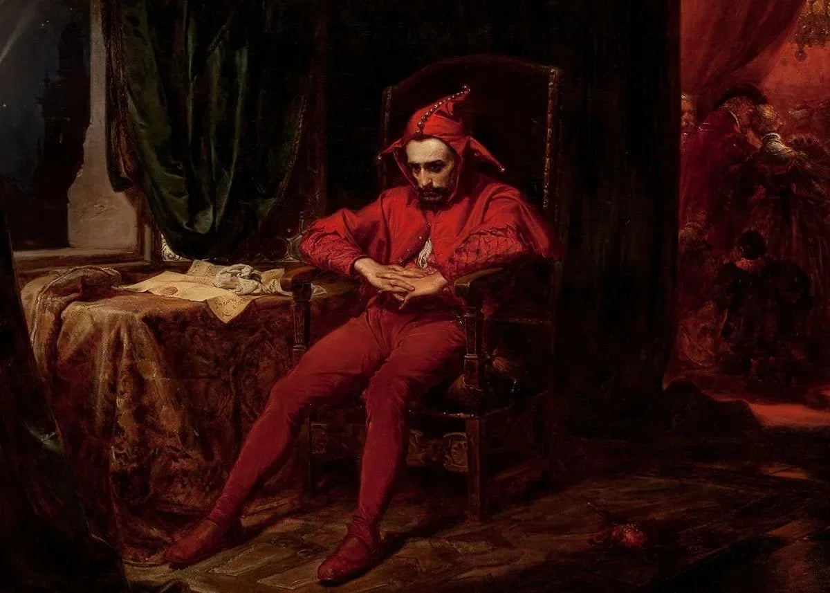 A portrait of a man in a red costume and hat sitting in a dark room.