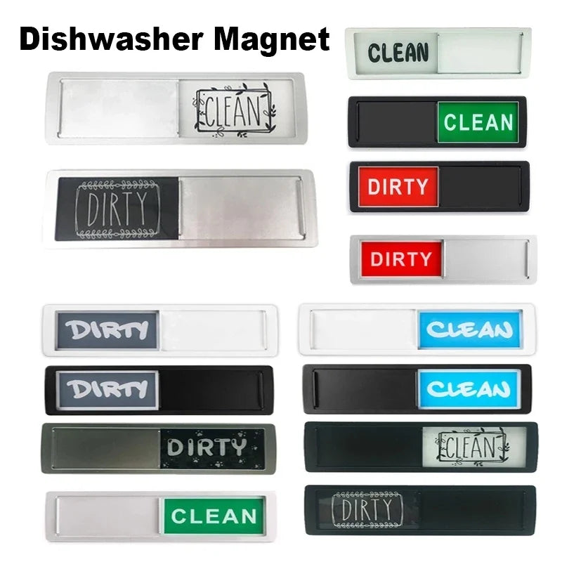 A set of dishwasher magnet signs showing labels for clean and dirty dishes in various colors and styles.