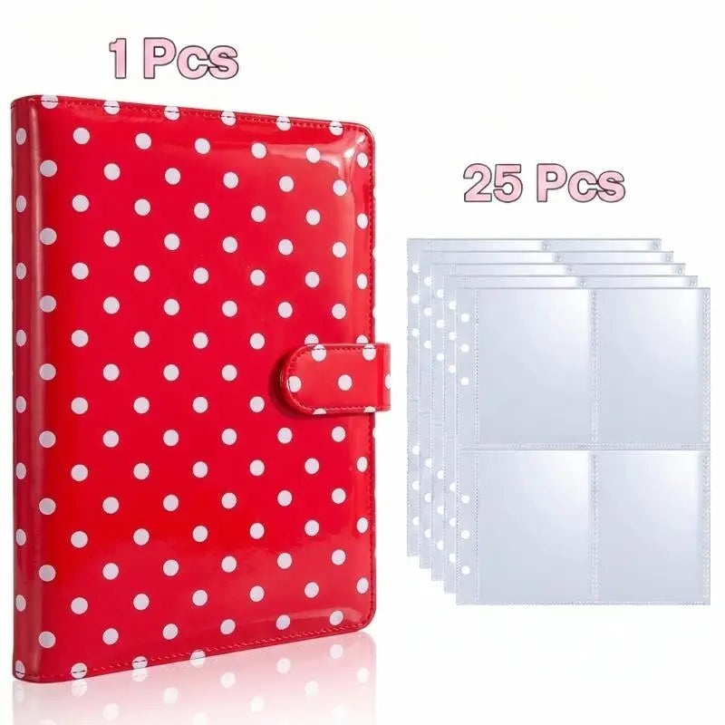 A red leather-like A5 photo card album binder with a snap closure and 25 individual clear plastic sleeves.