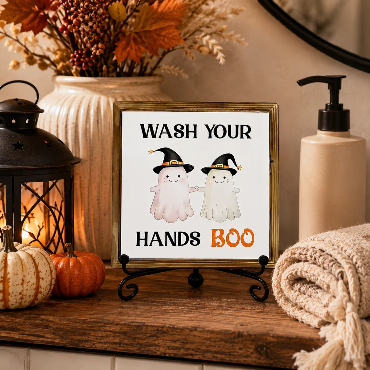 A framed sign with text that reads Wash Your Hands Boo for bathroom decor