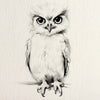 A detailed black and white drawing of a horned owl looking directly at the viewer.