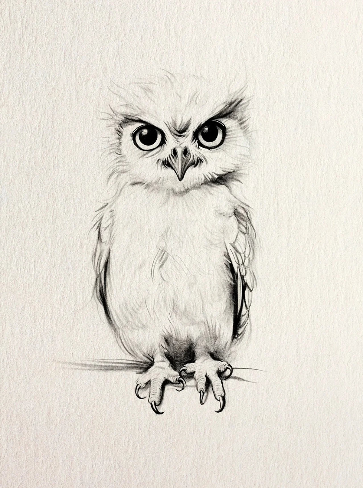 A detailed black and white drawing of a horned owl looking directly at the viewer.