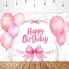 Pink watercolor balloons and bows create a festive birthday backdrop for girls