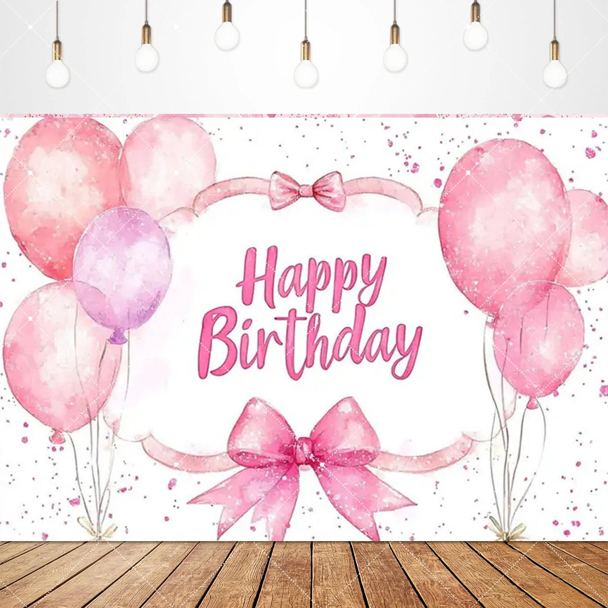 Pink watercolor balloons and bows create a festive birthday backdrop for girls