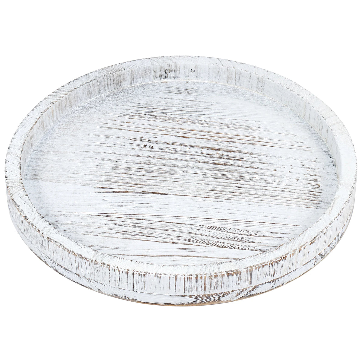 A round, distressed white wooden serving tray with visible grain and rustic edges.