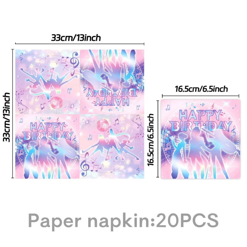 A set of 20 paper napkins featuring a pink and purple theme with birthday messages and K-Pop inspired designs.