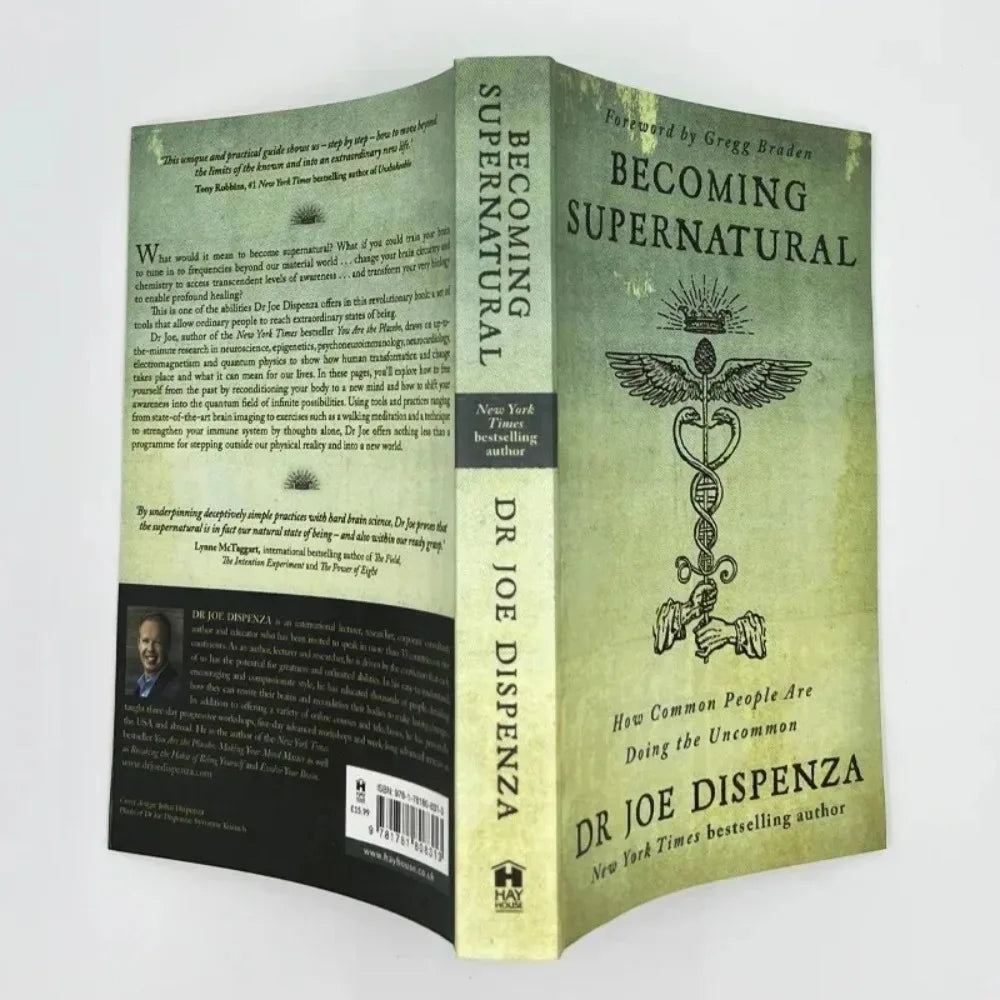 A hardcover book titled Becoming Supernatural by Dr Joe Dispenza with a green and black cover.