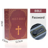 A red book titled Holy Bible is shown next to a password lock mechanism.