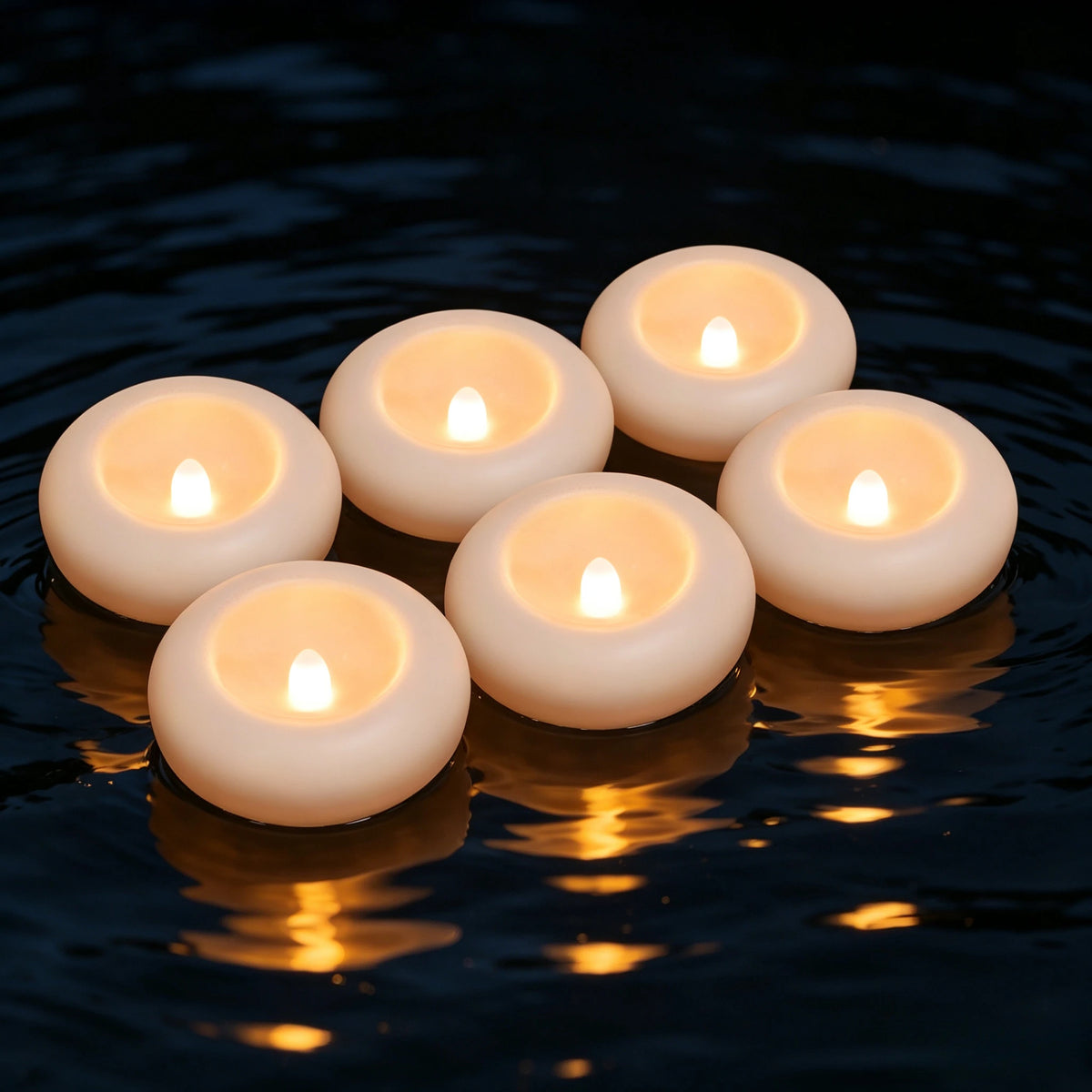 Several white floating LED candles are illuminated on dark water.