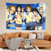 K-ON! anime wall tapestry featuring five anime girls in school uniforms against a blue sky background