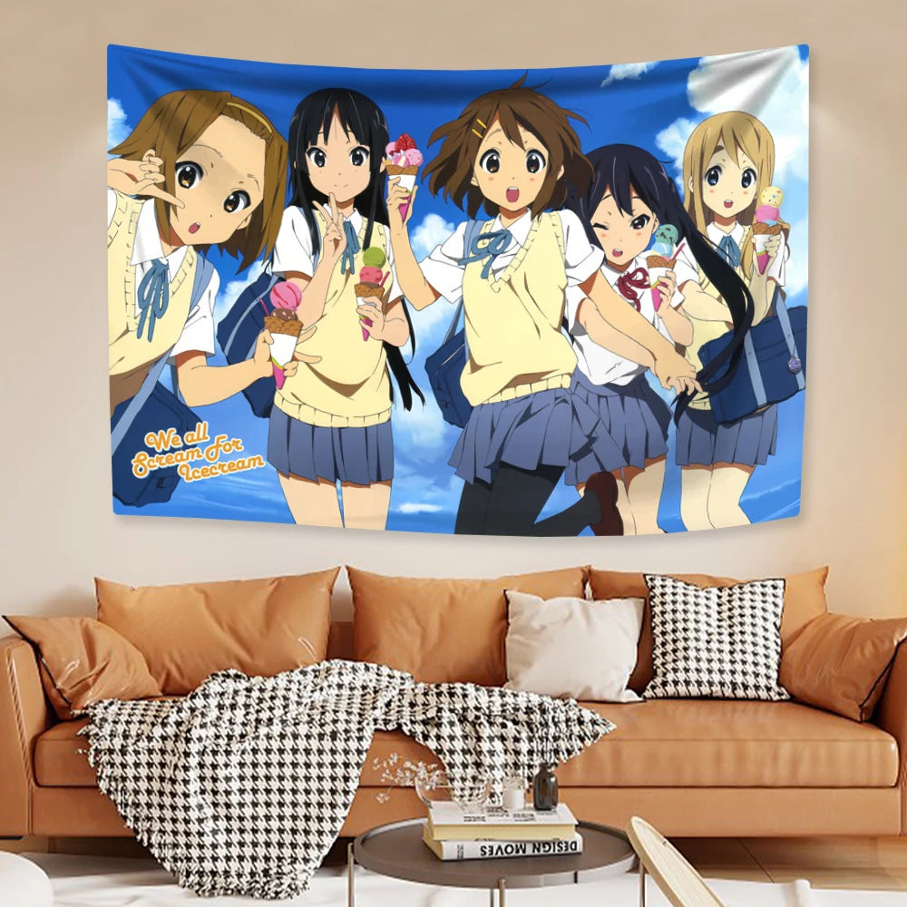 K-ON! anime wall tapestry featuring five anime girls in school uniforms against a blue sky background