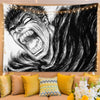 A black and white manga art tapestry featuring a fierce, enraged face with long flowing hair, displayed in a bedroom setting.