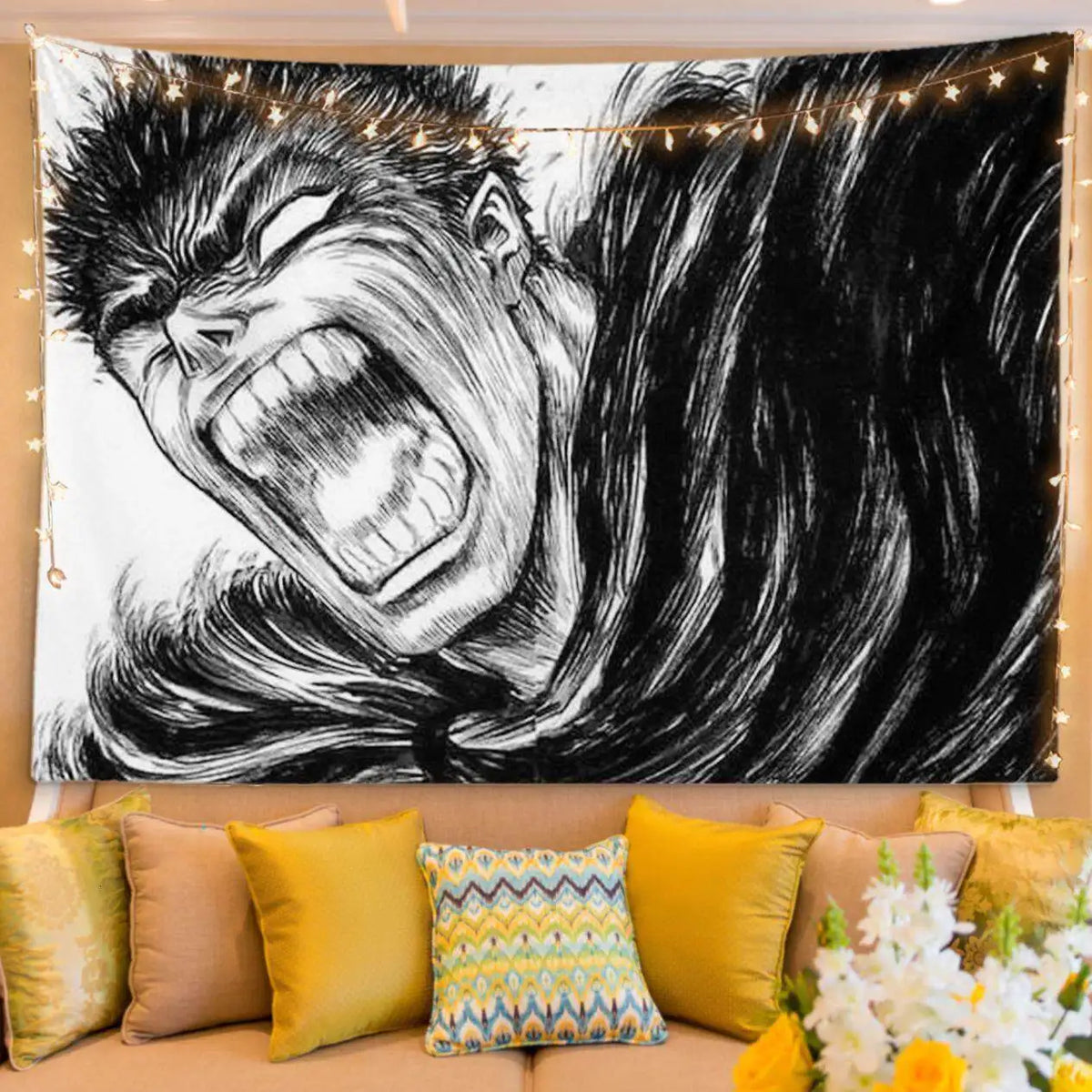 A black and white manga art tapestry featuring a fierce, enraged face with long flowing hair, displayed in a bedroom setting.