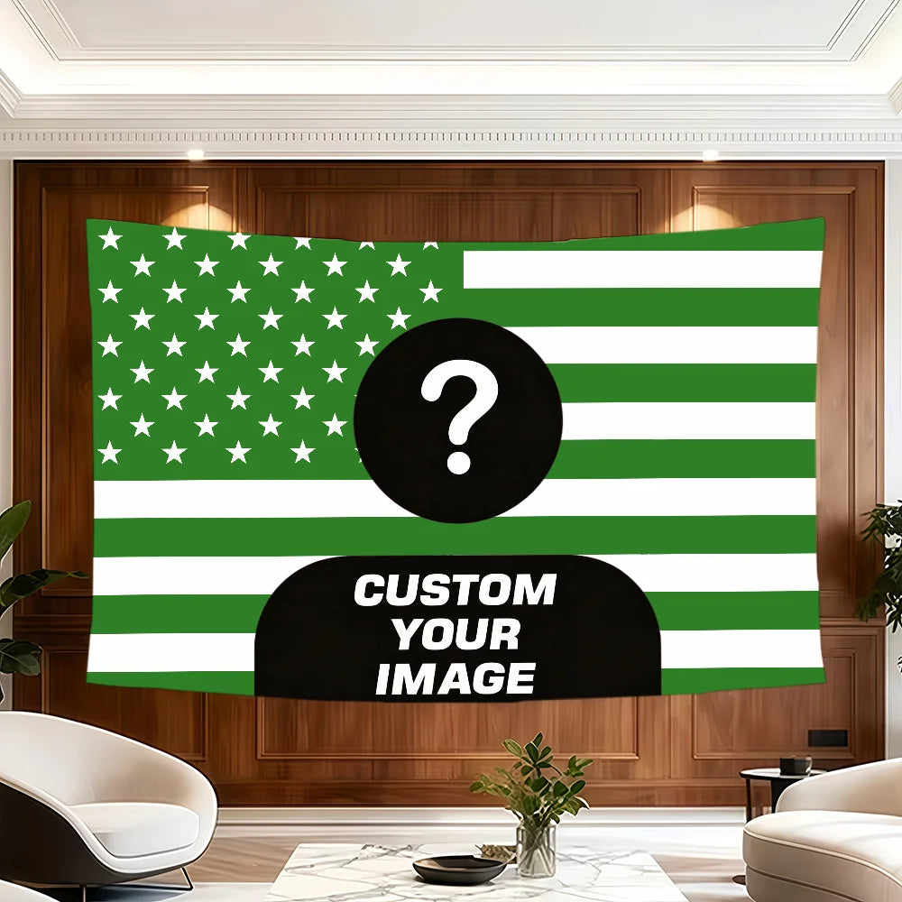 A green and white American flag tapestry featuring a large black question mark, displayed on a wooden wall.