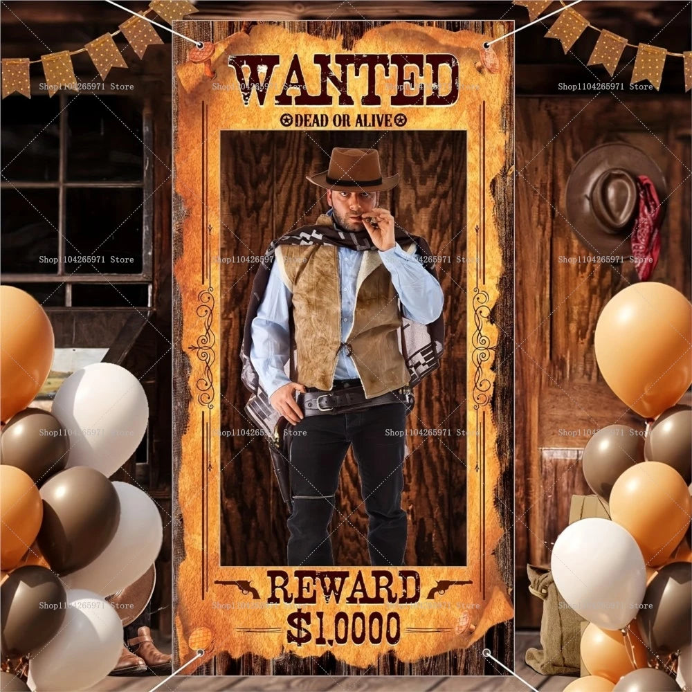 A framed photo prop featuring a man in a cowboy hat and vest, with WANTED and REWARD signs.