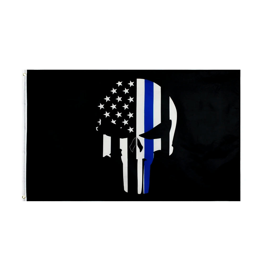 Black flag featuring a white silhouette of a person and the American flag design with blue and white stripes.