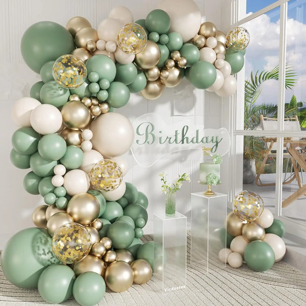 Sage Green and Gold Balloon Arch Kit with White Accents for Weddings, Baby Showers & Birthdays