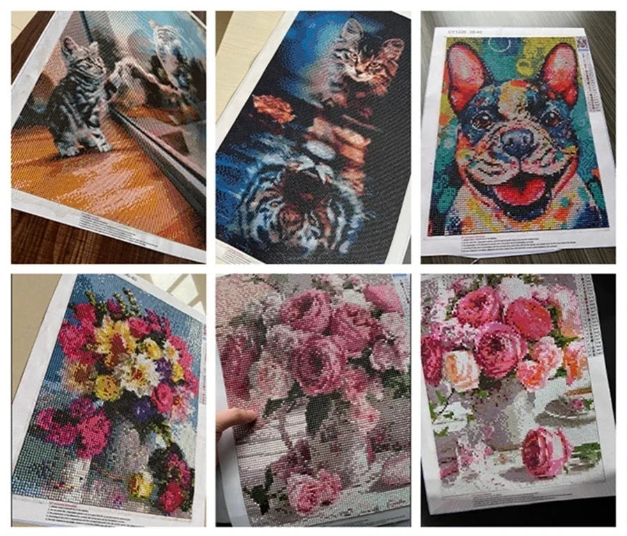 Diamond painting artwork featuring a cat and a dog, created with a knife design.