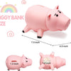 A pink cartoon piggy bank is shown with various size options and dimensions.